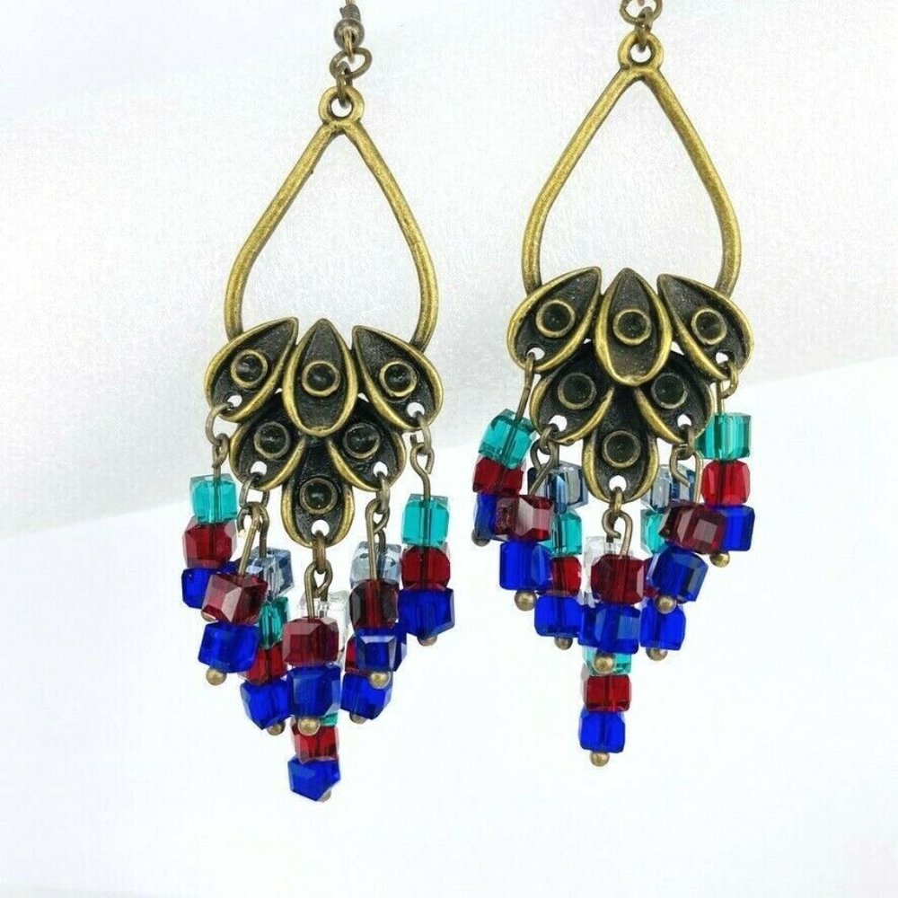 Cluster Crystal Drop Dangle Earrings Red Blue Gree